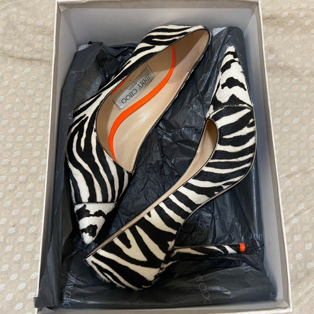 Jimmy Choo Black and White Zebra Heels with Orange Accents